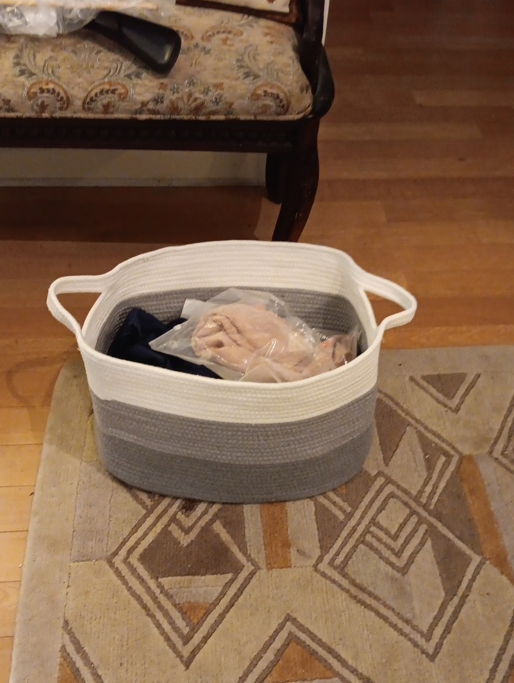 White and Gray Woven Rope Storage Basket with Handles